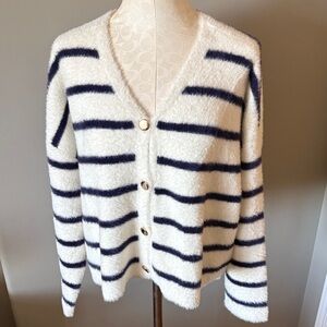Striped Fuzzy V‑Neck Cardigan Sweater - White & Navy size L